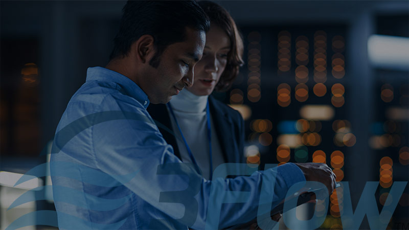 Man and woman looking at a tablet with dark overlay and 3Flow logo