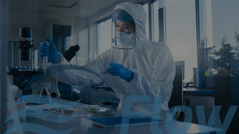 Female scientist working in a lab with dark overlay and 3Flow logo