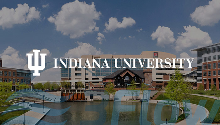 Indiana University logo over darkened photo of their building